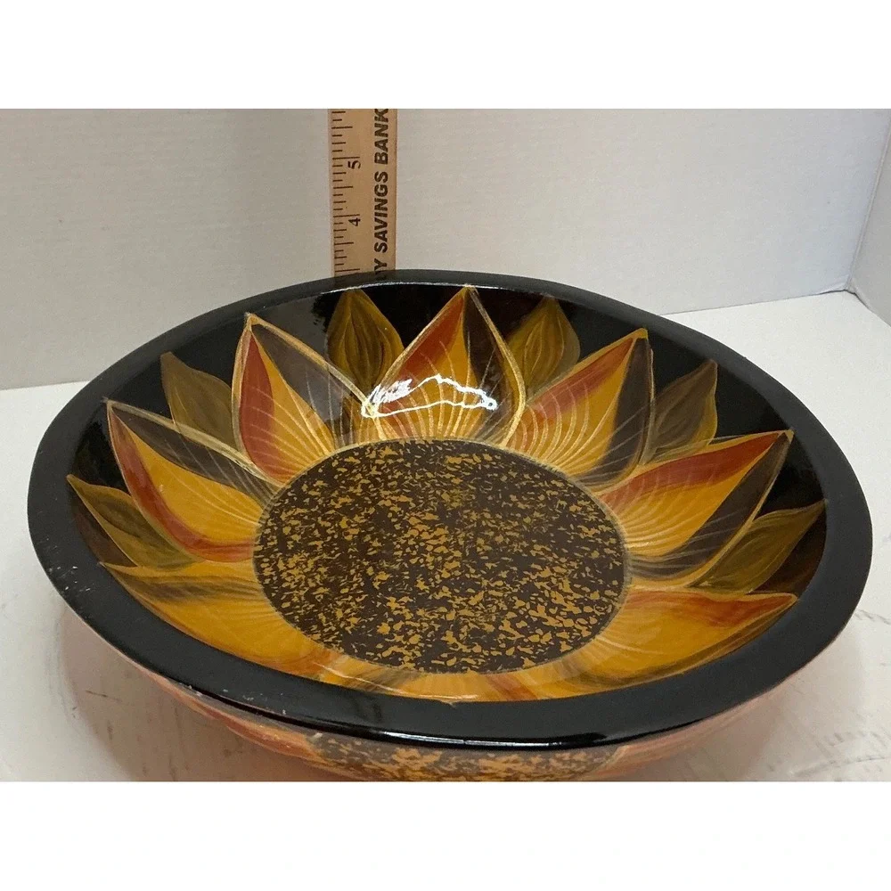 Vintage Sunflower Decorative Bowl Hand Painted Floral Glossy Black 11 Inch